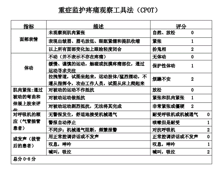 CPOT重症监护疼痛评分表