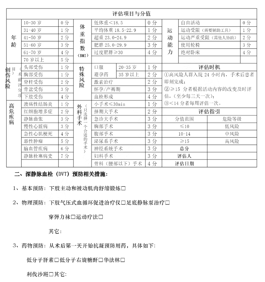 (DVT)深静脉血栓Autar评估表